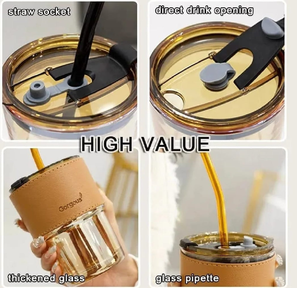 Premium Glass Tumbler with Straw - Portable Water Bottle